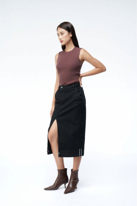 Lady Denim Midi Skirt With Slit